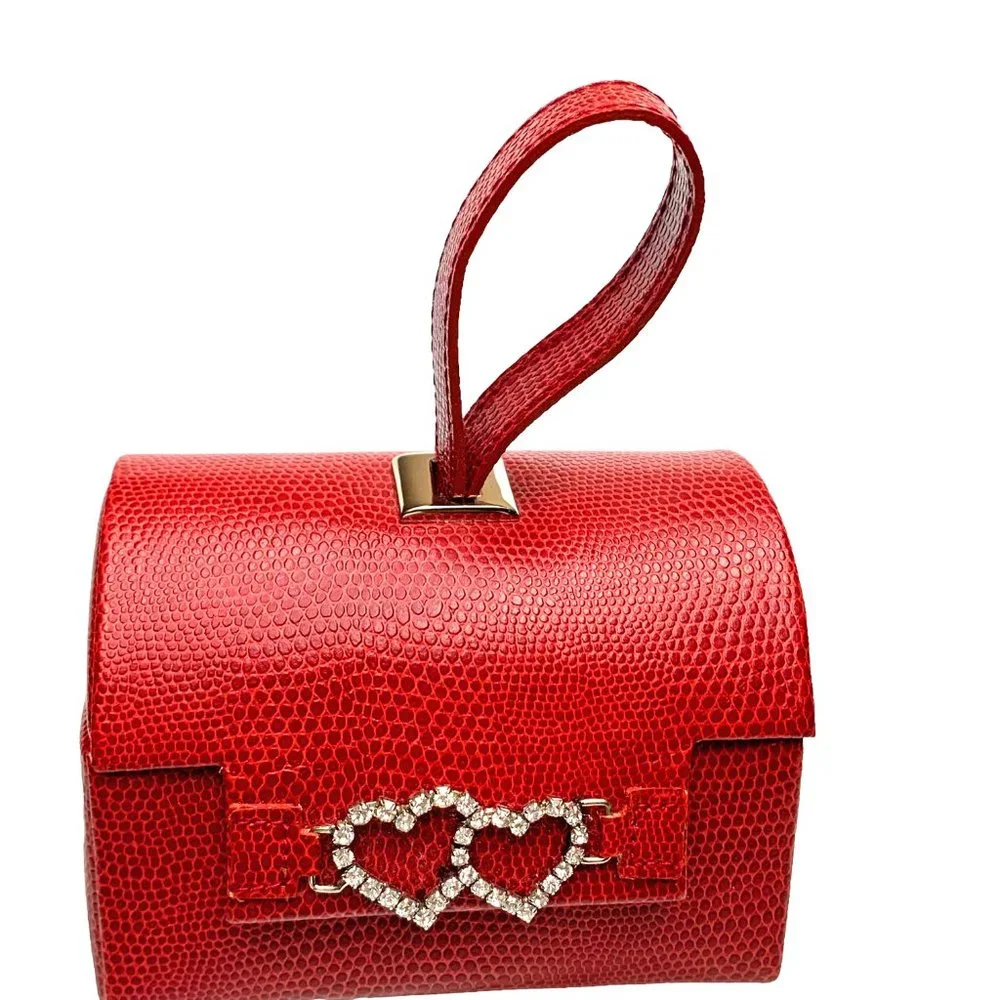 JEUN BANG  Embossed Faux Leather Rhinestone Heart Accents‎ Travel Jewelry Box